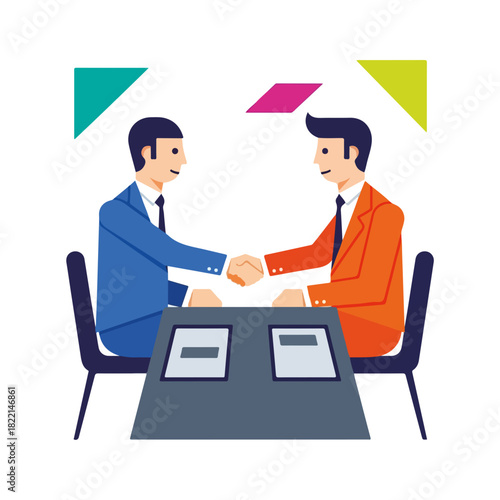 Business deal is sealed with firm handshake between two executives at conference table. Business deal reflects partnership and agreement between parties, ready to finalize terms.