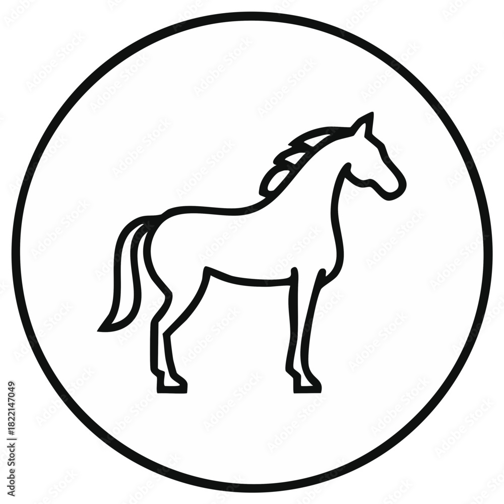 Obraz premium Standing horse outline icon inside a round border. Simple black and white equestrian vector graphic.