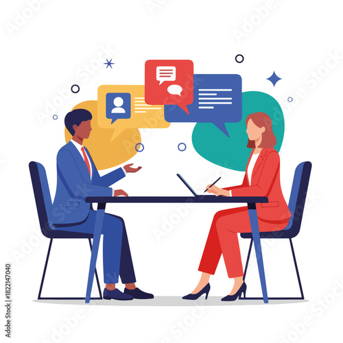 Illustration of business meeting showcasing dialogue between two professionals. Business meeting illustration portrays communication, with speech bubbles above woman and man in formal wear.