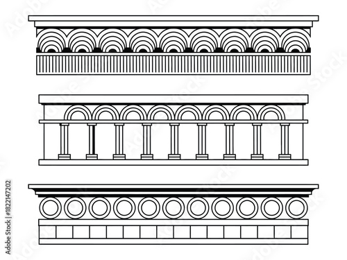 Three architectural friezes with geometric and classical design elements shown