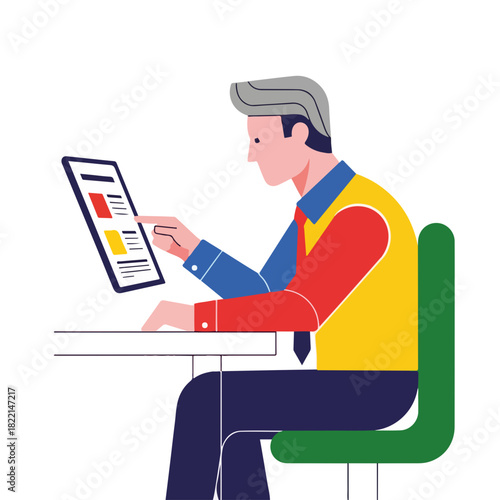 Man using tablet, working at desk, viewing tablet screen. Man interacting with his tablet device at work in office, focused on its functions. Digital user enjoys his tablet,
