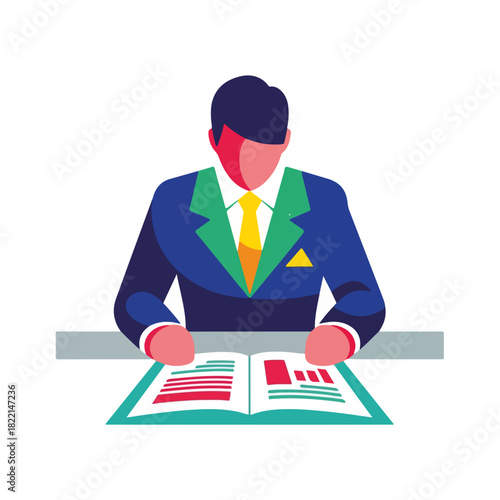 Man reading document, dressed in professional attire. Man reading is focused on information and strategy within document, possibly a report or proposal.