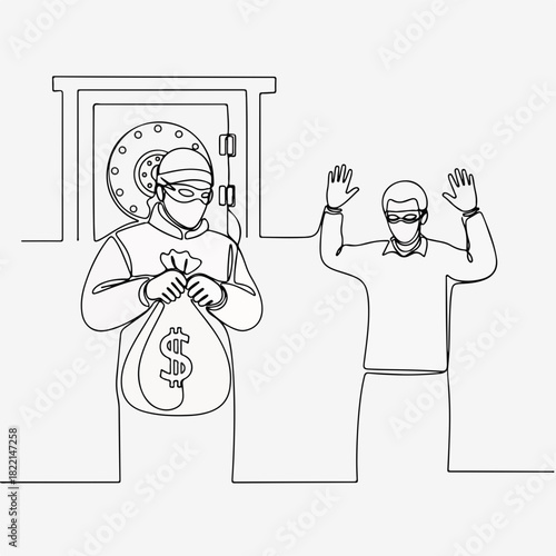 Bank robbery scene showing burglar with money bag and terrified man with hands up. Bank robbery is depicted with stress from bank security, money bag, and bandit with eyes covered,