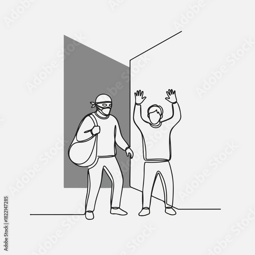 Line drawing depicting a bank robbery with robber and hostage raising hands. Bank robbery is a concept showing the crime in progress, as thief threatens victim.