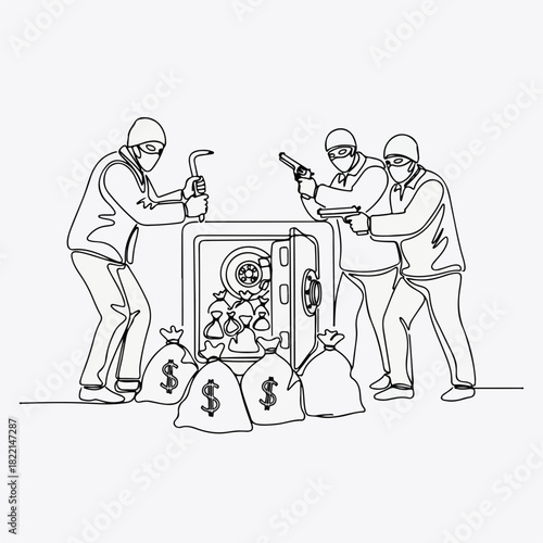 Robbers and safe, continuous line art showing money and dollar bags. Robbers stand near open safe, holding crowbar and guns, continuous line art depicting crime.
