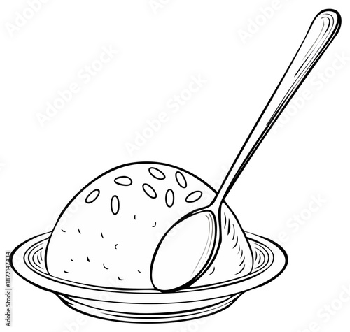 Hand-drawn rice bowl with spoon illustration for recipe or menu concepts