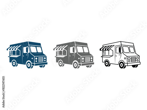 Three food trucks in different colors blue grey and white on a white background