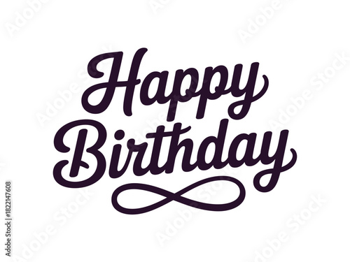A stylized happy birthday message in dark purple on a plain white background