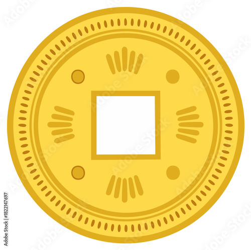 Flat Golden Coin with Square Hole and Traditional Patterns