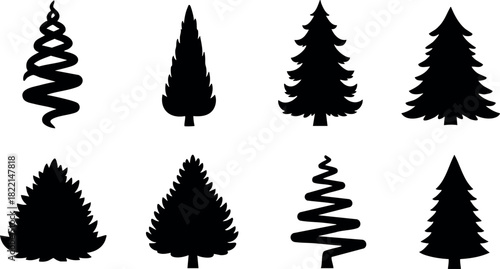 Black pine tree silhouettes collection simple natural evergreen forest vector illustration set