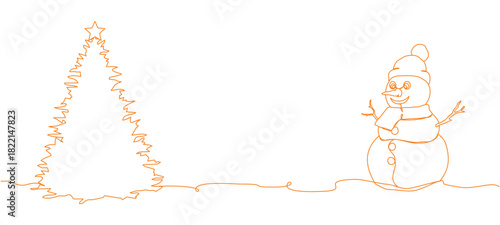 Christmas tree and snowman with orange line art style vector illustration