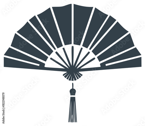 Traditional Asian folding hand fan with tassel vector icon silhouette