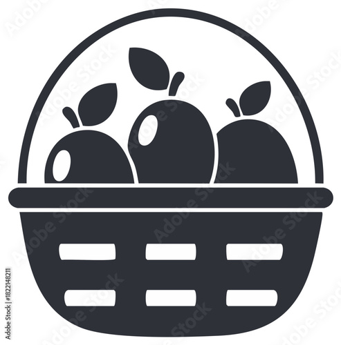 Minimalist black icon of a fruit basket filled with three apples and small leaves