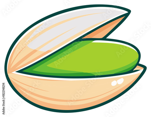 Cartoon illustration of an open pistachio nut with a bright green kernel, showing healthy food