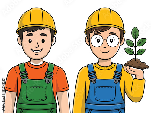 Two cartoon men wearing hard hats and overalls one holding a small plant seedling