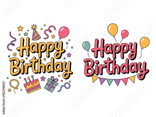 Two happy birthday designs with balloons cake and party decorations on white background