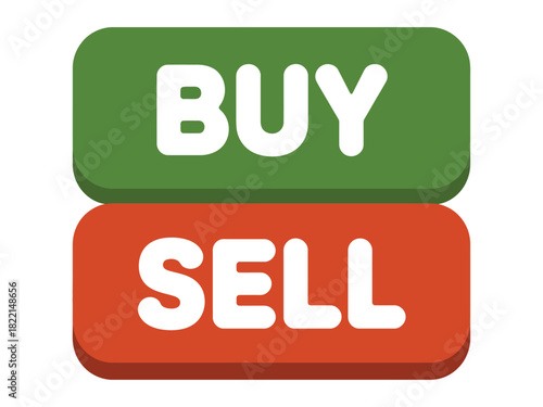 Illustration of a green buy button above a red sell button on a white background