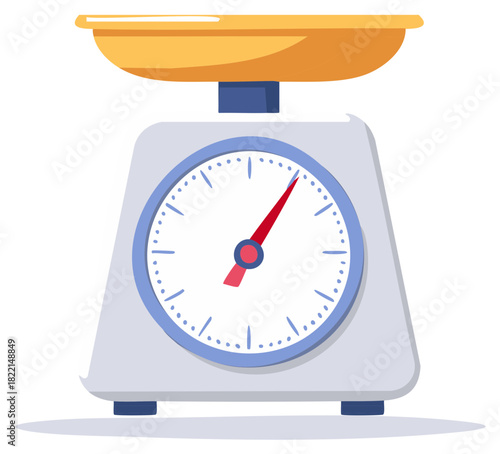 Retro kitchen scale with yellow tray and analog dial showing measurement