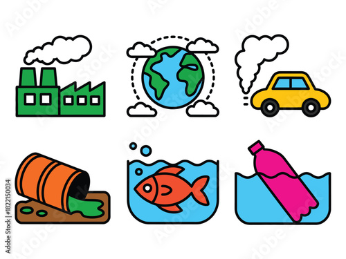 Illustration depicting environmental pollution sources with factory and car emissions