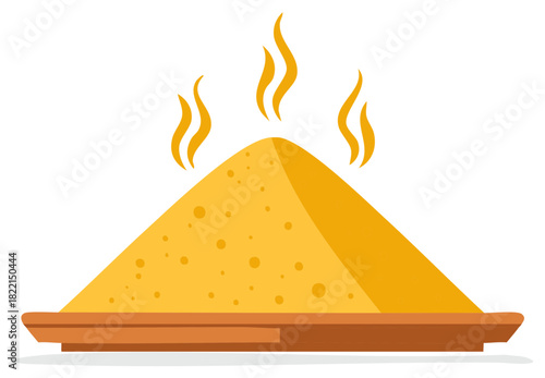 Steaming golden granular food ingredient on a rustic plate in clean flat vector illustration