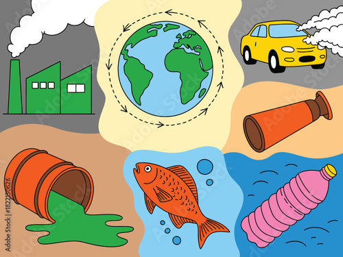 Illustration depicting environmental pollution with factory car and waste products