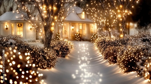 Fototapeta Naklejka Na Ścianę i Meble -  Wander through a winter wonderland where snow blankets charming wooden houses adorned with festive decorations and illuminated by warm, inviting lights