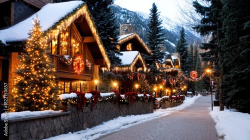 Fototapeta Naklejka Na Ścianę i Meble -  Wander through a winter wonderland where snow blankets charming wooden houses adorned with festive decorations and illuminated by warm, inviting lights