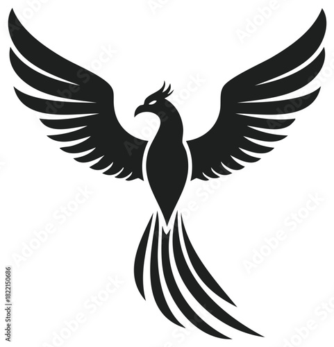 Majestic Phoenix Bird Silhouette with Spread Wings Vector Graphic Icon