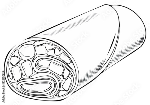 Ink drawing of a roll, featuring a cross-section showing ingredients, food illustration