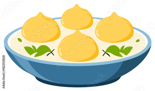 Illustration of dumplings in creamy sauce with green herbs in a blue bowl