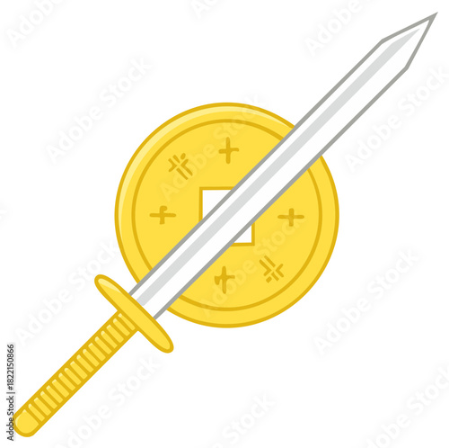 Traditional Chinese Jian sword with an ancient gold lucky coin vector icon for wealth and protection