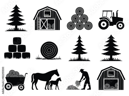 Silhouette images of farm elements including animals buildings and equipment