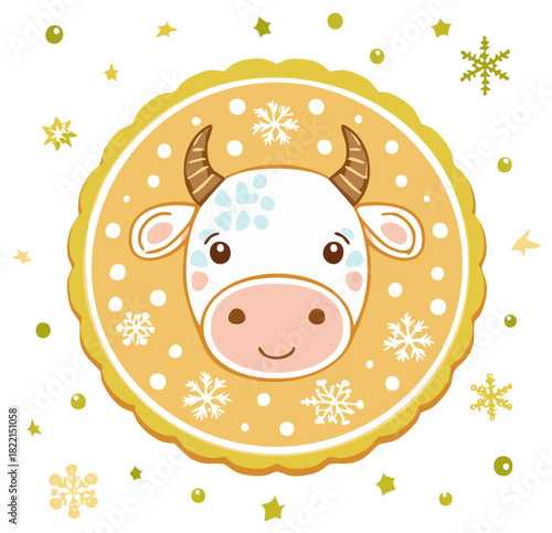 Cute Ox Face on Gold Snowflake Decorated Round Ornament, Festive Vector