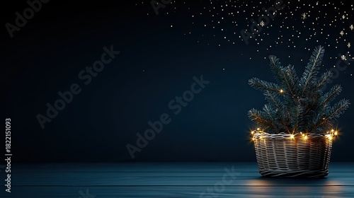 The tall Christmas tree shines with warm lights, nestled in a woven basket against a dark grey background, bringing a cozy holiday spirit to any room