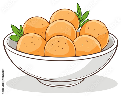 Golden Dumplings in a White Bowl Garnished with Fresh Green Herbs Culinary Delight Ready to Eat Illustration