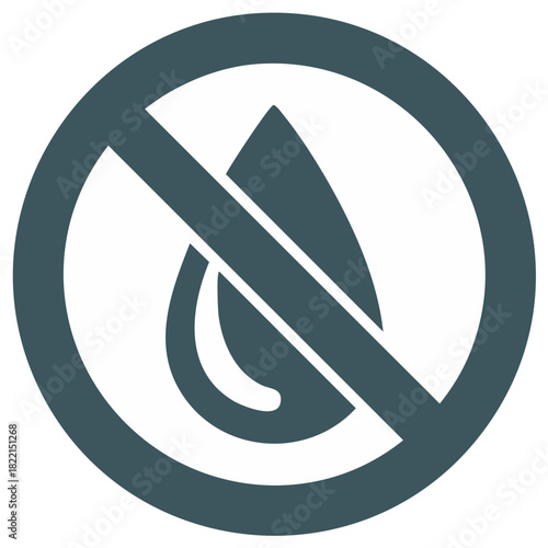 Icon showing a No Drop, with a crossed out circle, indicating prevention, restriction, or protection against water