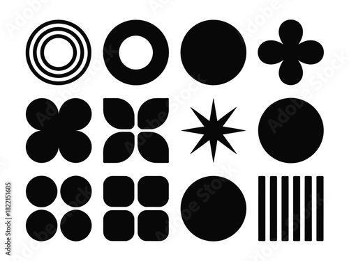 Collection of twelve geometric shapes in black color on a white background