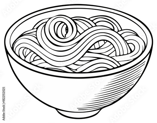 A bowl of noodles or ramen in a vintage black and white woodcut line art style