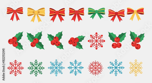 A collection of colorful Christmas holiday decorative elements including bows, holly berries, and snowflakes.