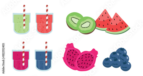 set of colorful drinks with various fruits, including kiwi, watermelon, dragon fruit, and blueberries. Flat style vector illustration. ideal for summer themes, healthy eating, natural juices, smoothie