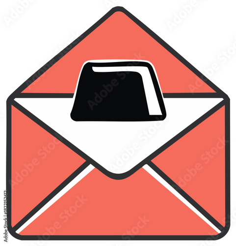 Open Coral Envelope Delivering Black Item Message Communication Concept