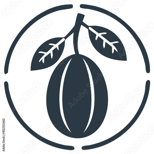Simple dark blue logo of a plum with leaves inside a circle