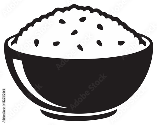 Traditional black and white bowl of cooked rice and sesame seeds graphic
