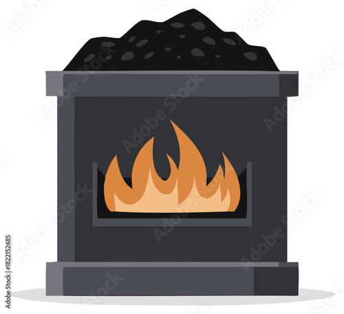 Cartoon coal stove with burning fire and a pile of coal isolated vector illustration