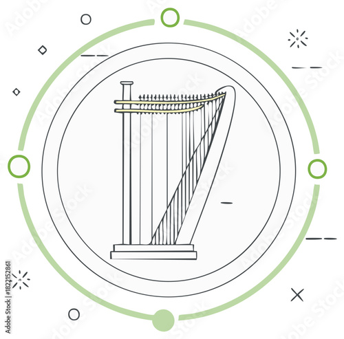 Elegant line art drawing of a classic string instrument harp outline for music themes
