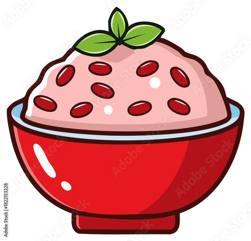 Cute cartoon illustration of Asian red bean rice served in a bright red bowl with a fresh herb garnish