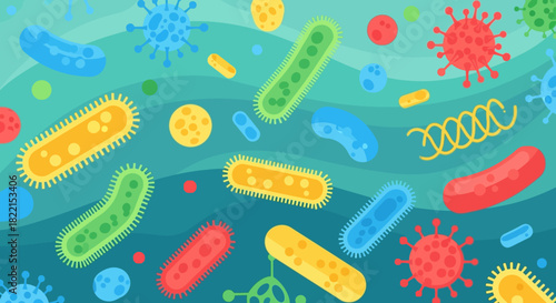 Colorful illustration of various microbes, including bacteria and viruses, on a wavy background.