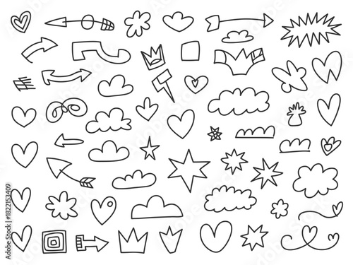 Collection of hand drawn doodle elements including hearts arrows clouds stars