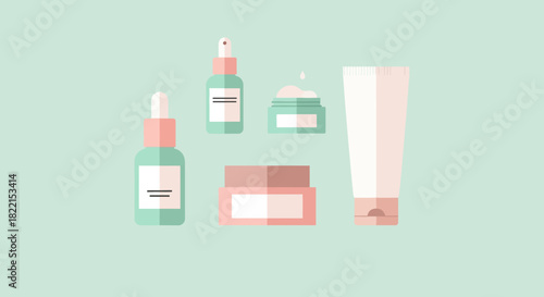 Illustration of various skincare products, including bottles, jars, and tubes, on a light green background.