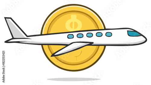 Cartoon airplane flight path coin finance economy investment travel airlines ticket fares business tourism journey
